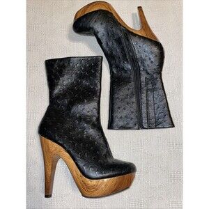 Mona Mia Women’s Stiletto Boots Size 10 M Black Ostrich Print Going Out Party